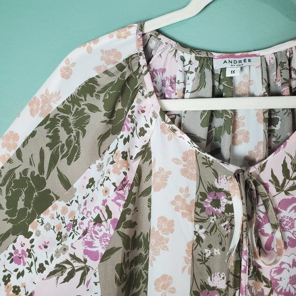 Andree by Unit Top Womens Boho Floral Patchwork Peasant Tie LS Blouse Size 1X - Picture 4 of 5